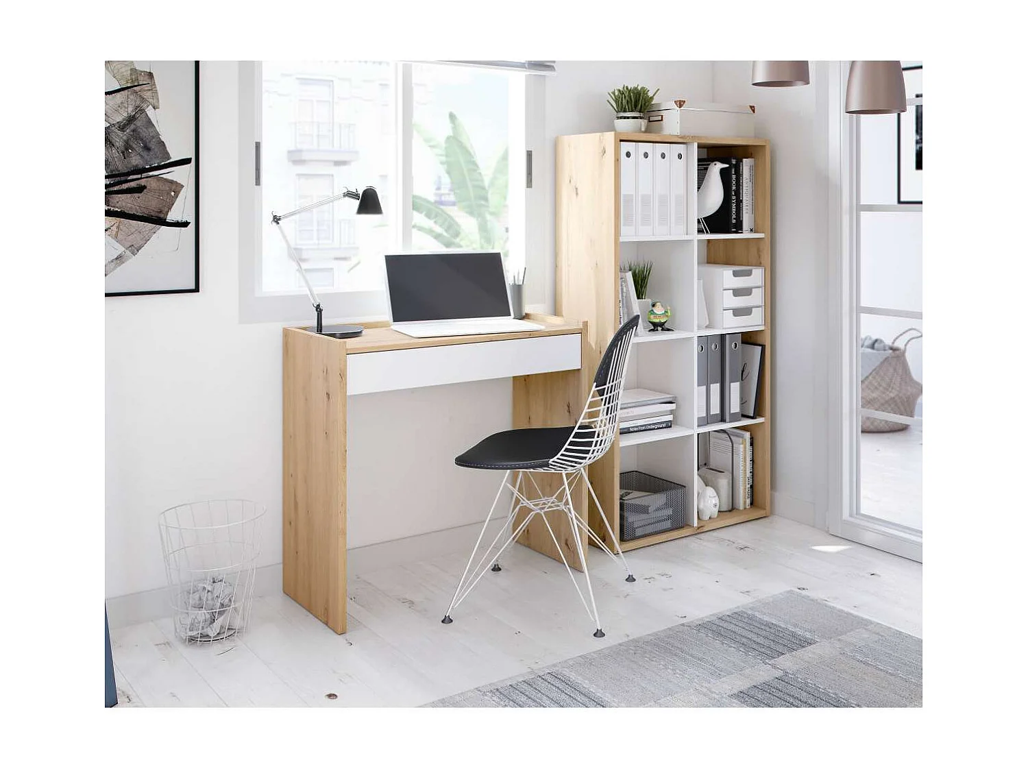 Mesa escritorio Luka con cajón acabado en Roble y Blanco Artik  77 cm(alto) x 82 cm (anch