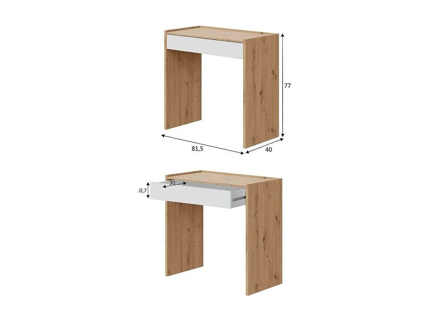 Mesa escritorio Luka con cajón acabado en Roble y Blanco Artik  77 cm(alto) x 82 cm (anch