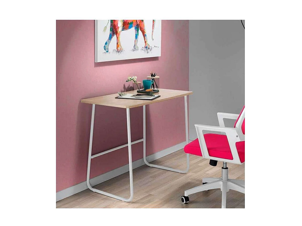 Mesa oficina o despacho patas metálicas en acabado roble/blanco 76 cm(alto)100 cm(ancho)5