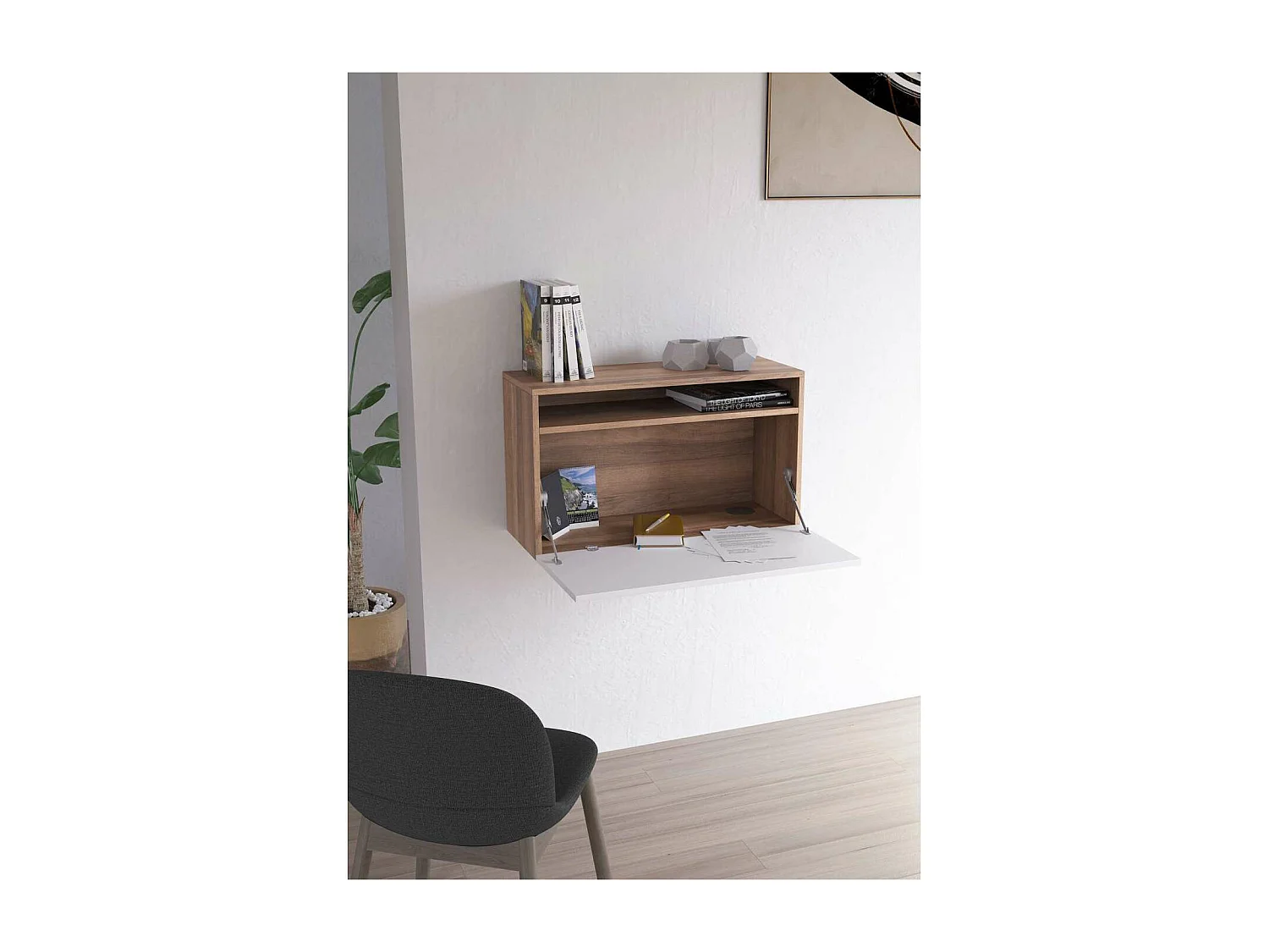 Escritorio suspendido modelo 628 color nogal/blanco. 44x75x30 (alto x ancho x fondo)