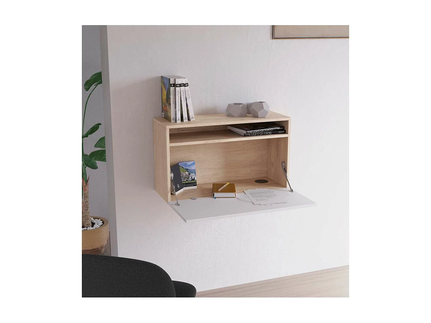 Escritorio suspendido modelo 628 color roble y blanco. 44x75x30 (alto x ancho x fondo)