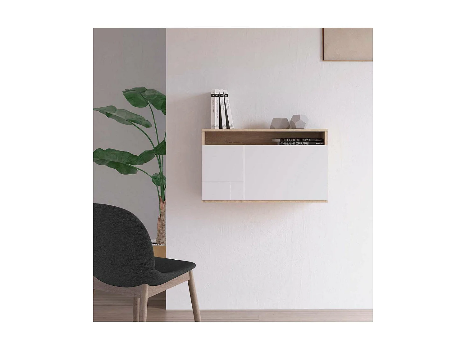 Escritorio suspendido modelo 628 color roble y blanco. 44x75x30 (alto x ancho x fondo)