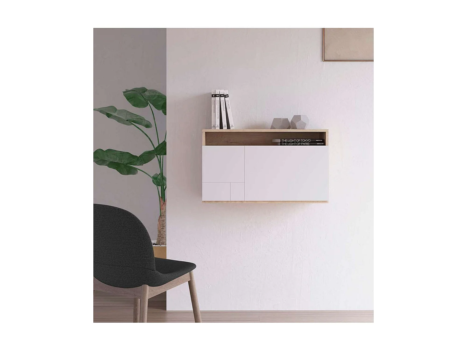 Escritorio suspendido modelo 628 color roble y blanco. 44x75x30 (alto x ancho x fondo)