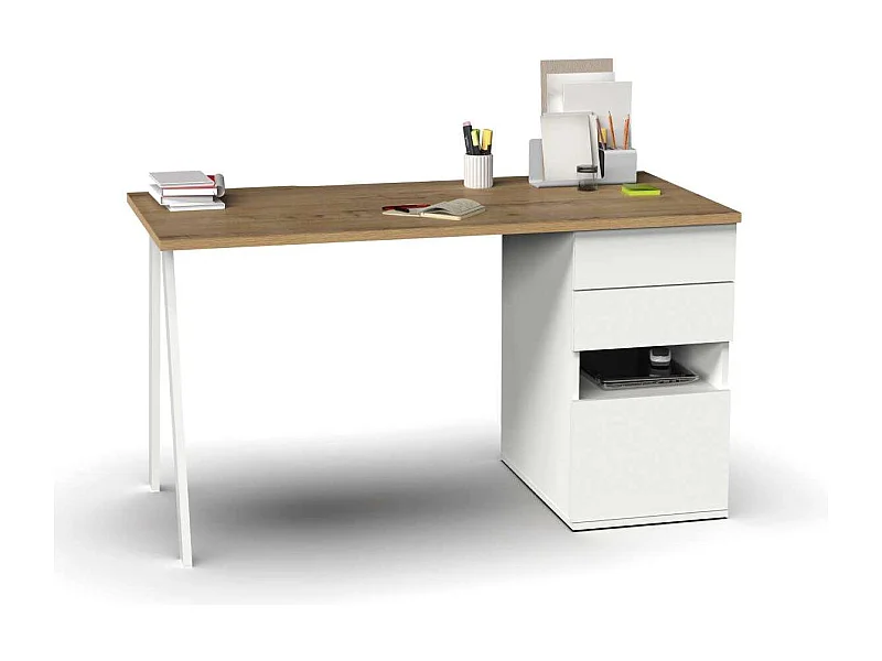 Mesa de despacho Kiroba acabado roble gold/blanco, 76cm(alto) 137.5cm(ancho) 67cm(fondo)