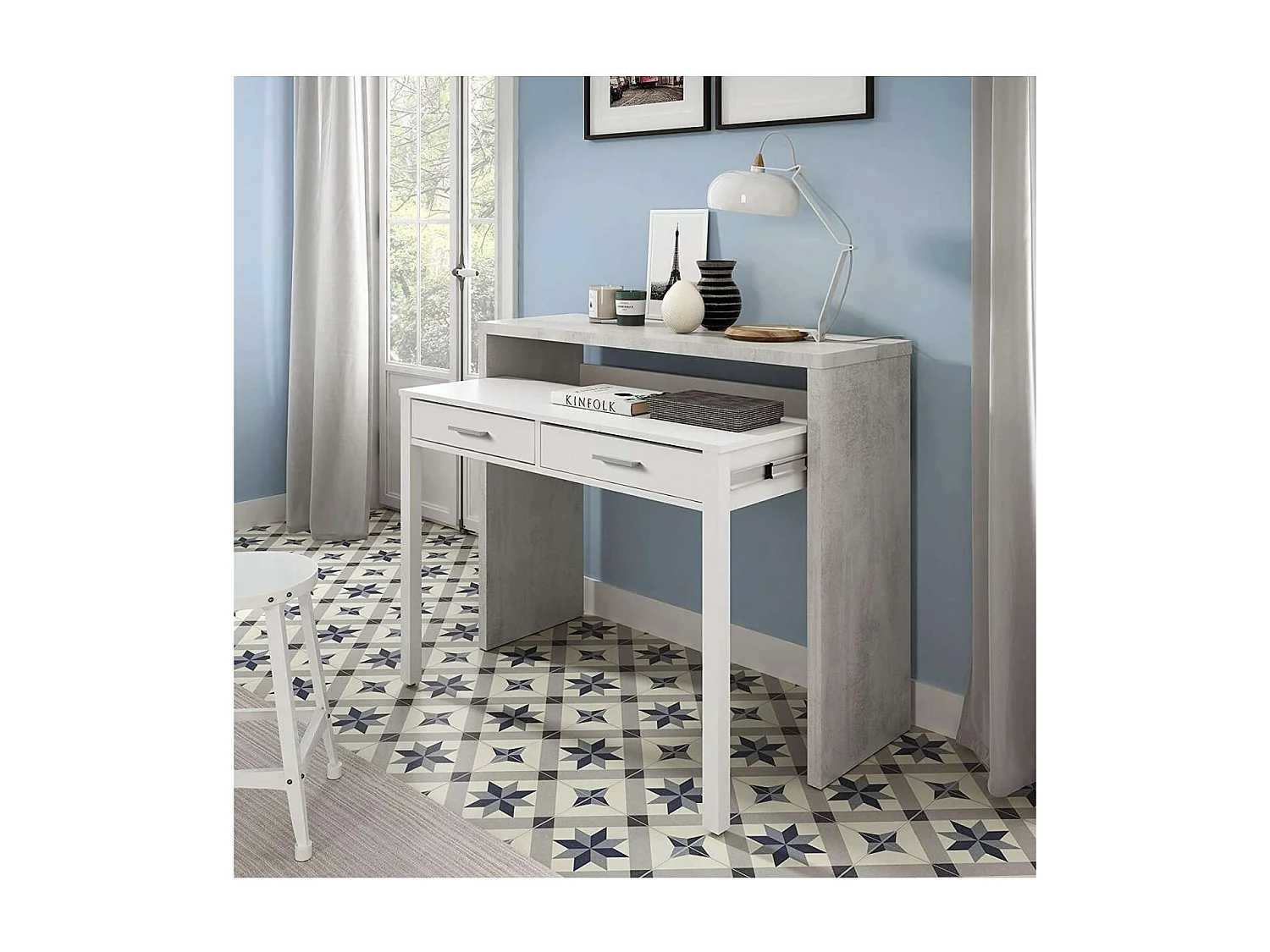 Escritorio desplazable Tyrion acabado cemento 87,5 cm(alto)98,5 cm(ancho)36/66 cm(fondo)