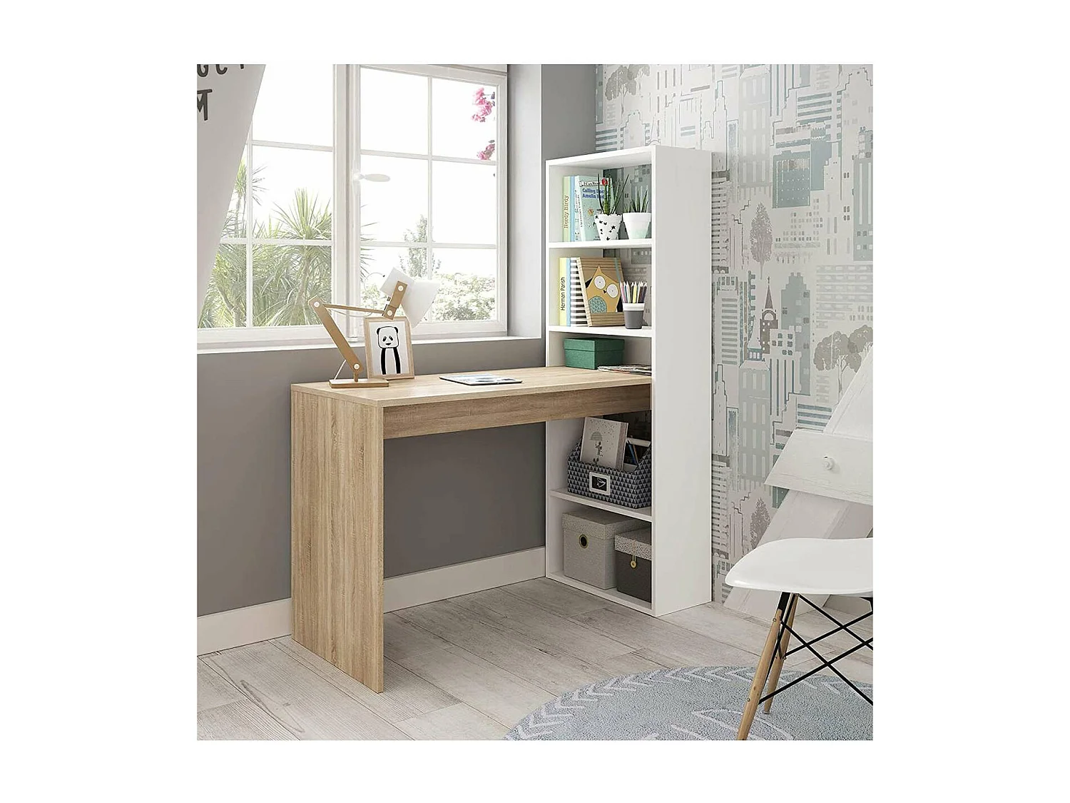 Escritorio con estanteria Boston en cambrian y blanco 144 cm(alto)120 cm(ancho)53 cm(largo