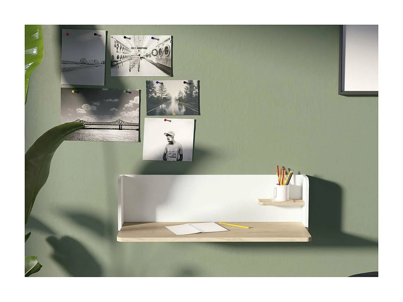 Mesa estudio para colgar Mod-Roman acabado roble/blanco, 35 x 90 x 25 cm (fondo x ancho x