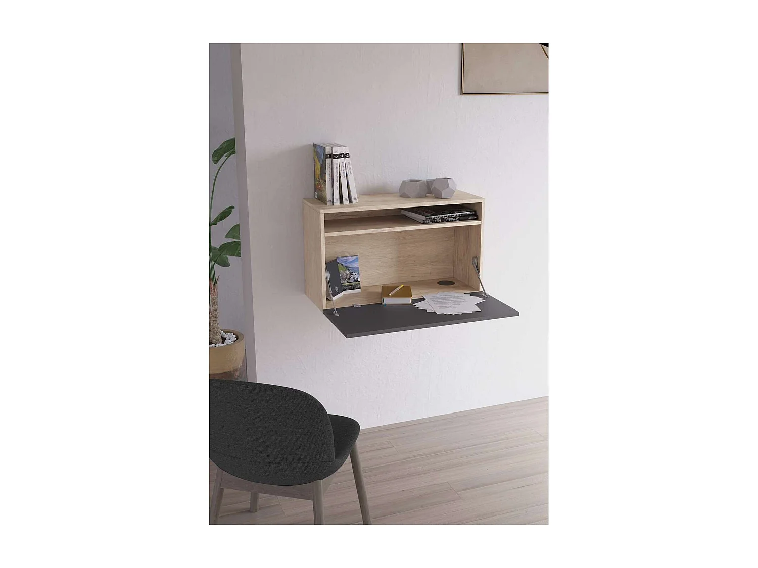 Escritorio suspendido modelo 628 color roble/grafito. 44x75x30 (alto x ancho x fondo)