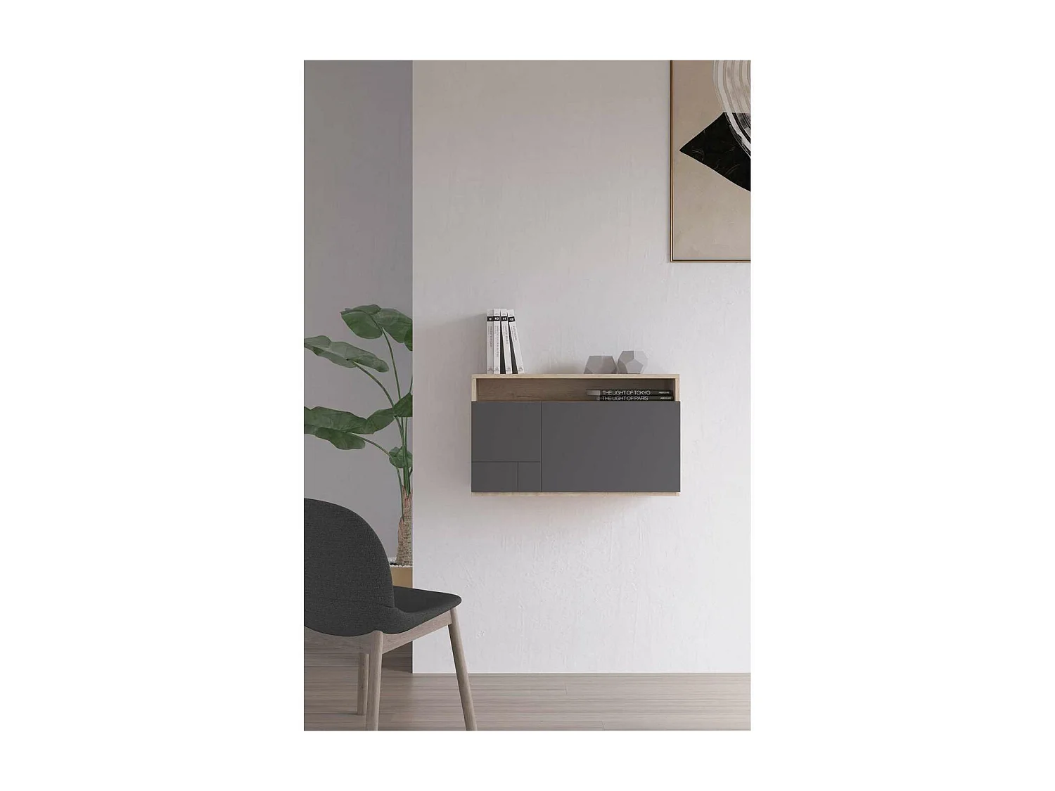 Escritorio suspendido modelo 628 color roble/grafito. 44x75x30 (alto x ancho x fondo)