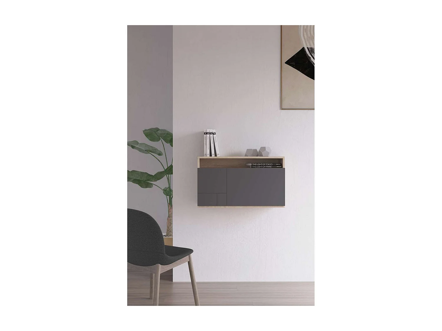 Escritorio suspendido modelo 628 color roble/grafito. 44x75x30 (alto x ancho x fondo)