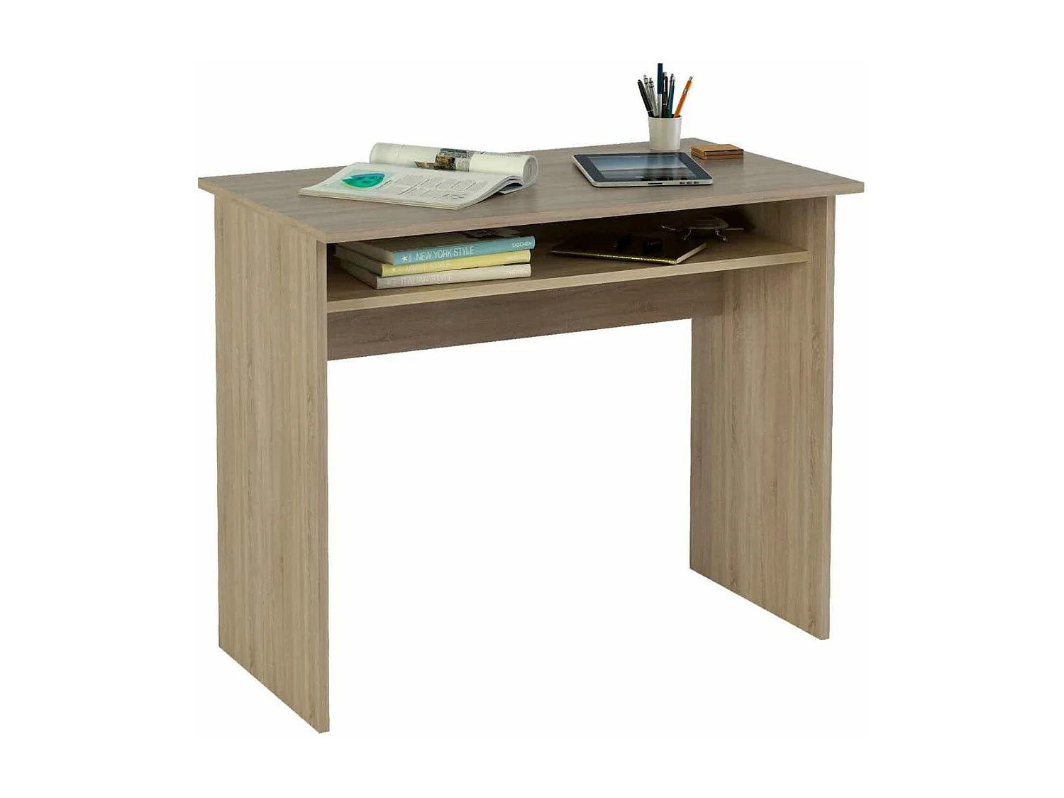 Escritorio Tierra color roble con balda interior fija. 74 cm(alto)90 cm(ancho)50 cm(fondo)