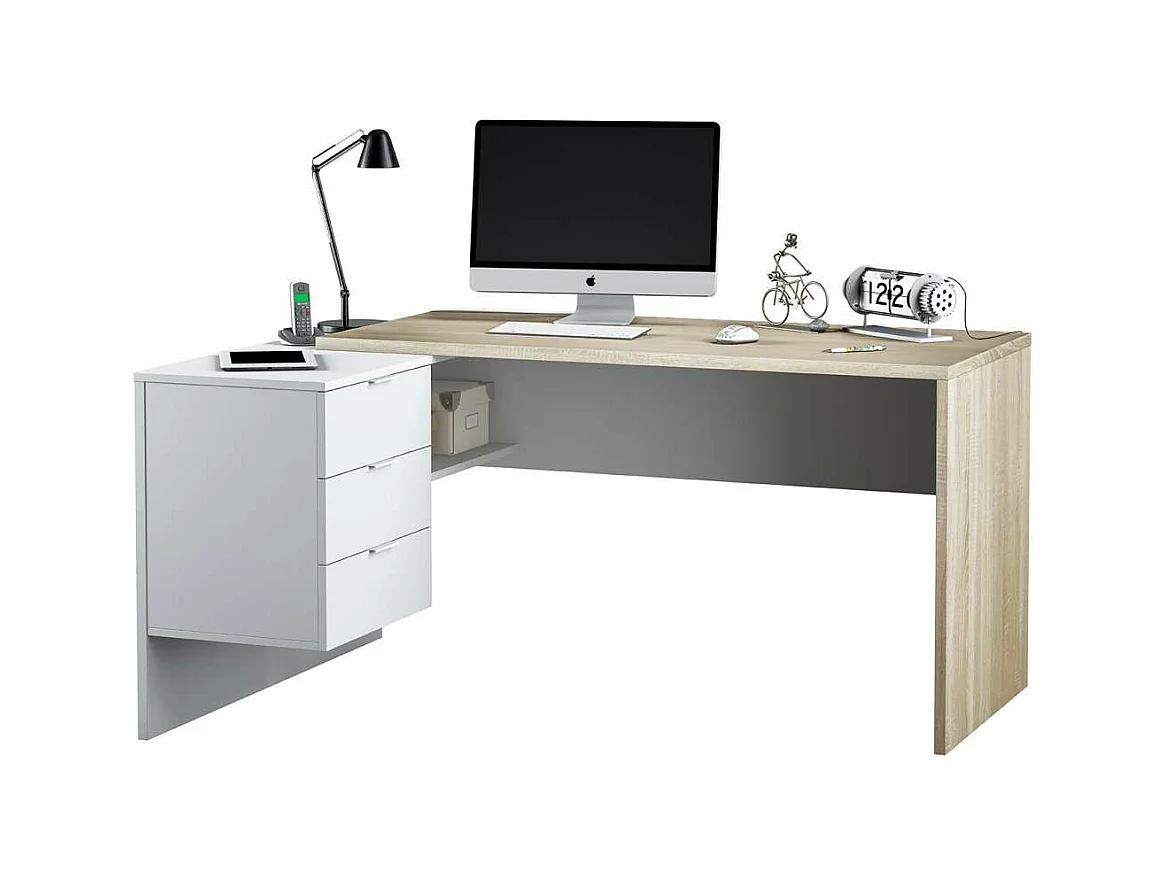 Mesa despacho ordenador Cannes 3 cajones Blanco Artik y Roble Cananadian 73cm(altura) 145c