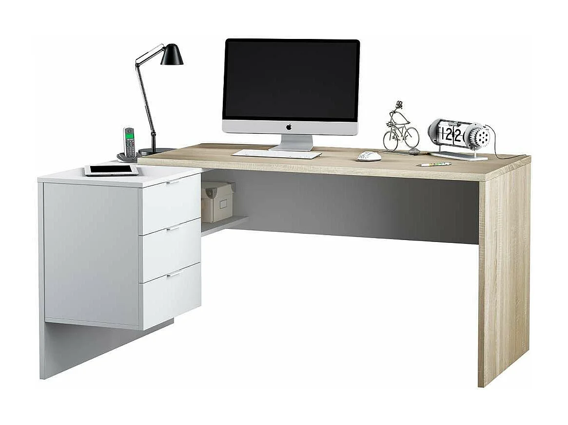 Mesa despacho ordenador Cannes 3 cajones Blanco Artik y Roble Cananadian 73cm(altura) 145c