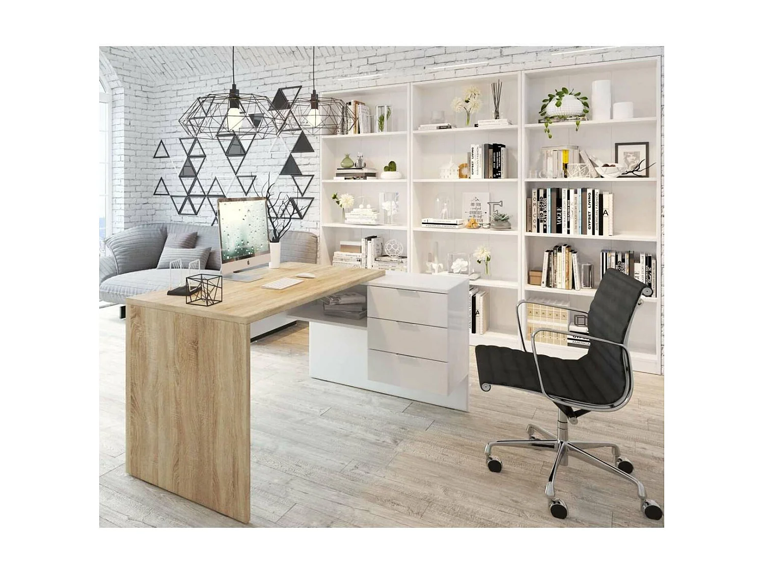 Mesa despacho ordenador Cannes 3 cajones Blanco Artik y Roble Cananadian 73cm(altura) 145c