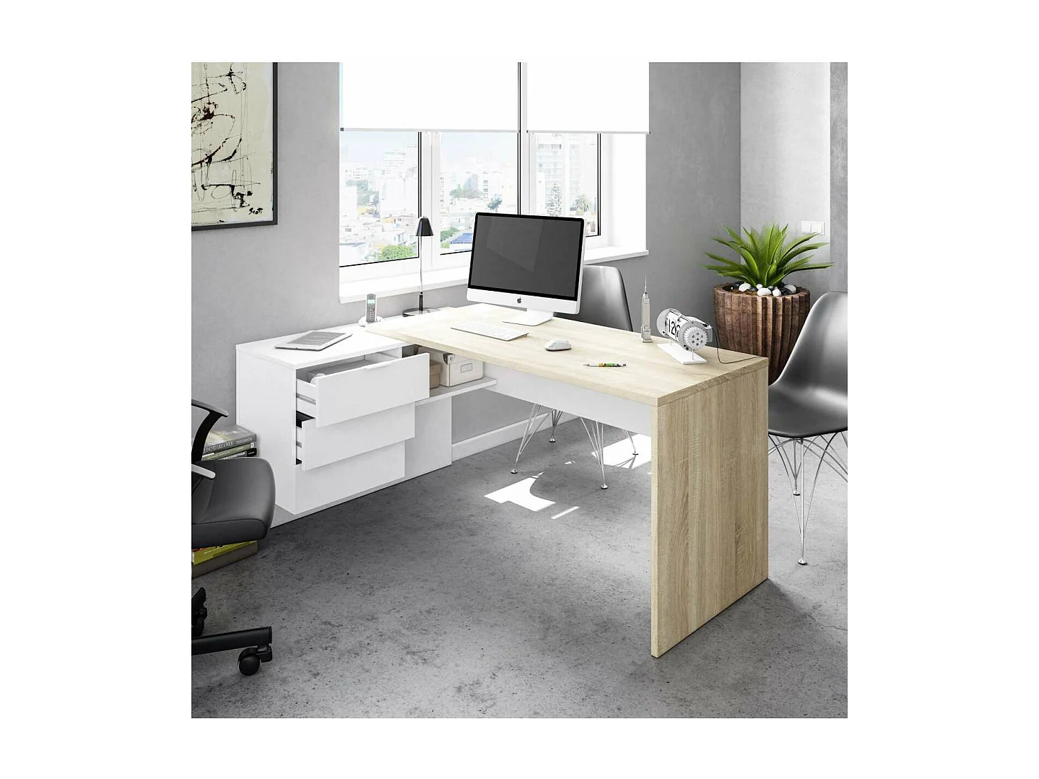 Mesa despacho ordenador Cannes 3 cajones Blanco Artik y Roble Cananadian 73cm(altura) 145c