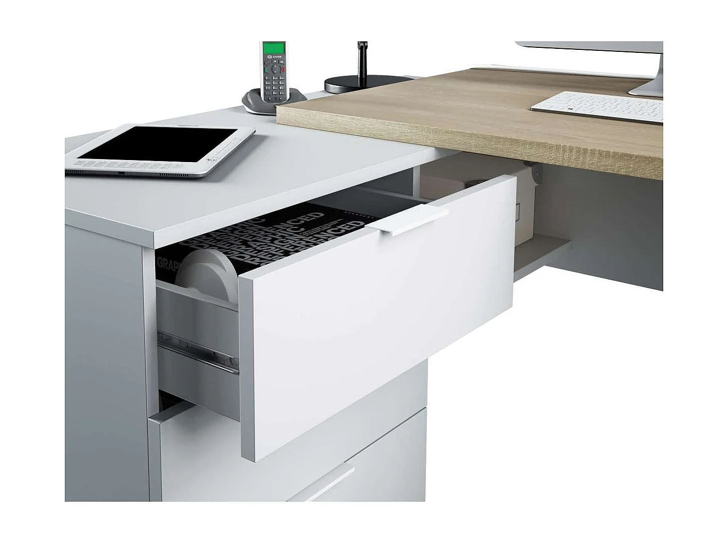 Mesa despacho ordenador Cannes 3 cajones Blanco Artik y Roble Cananadian 73cm(altura) 145c