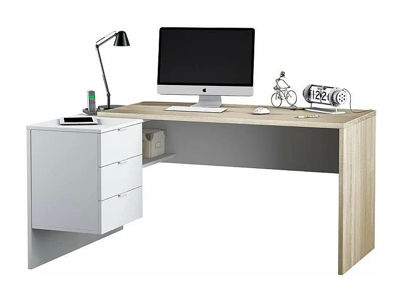 Mesa despacho ordenador Cannes 3 cajones Blanco Artik y Roble Cananadian 73cm(altura) 145c