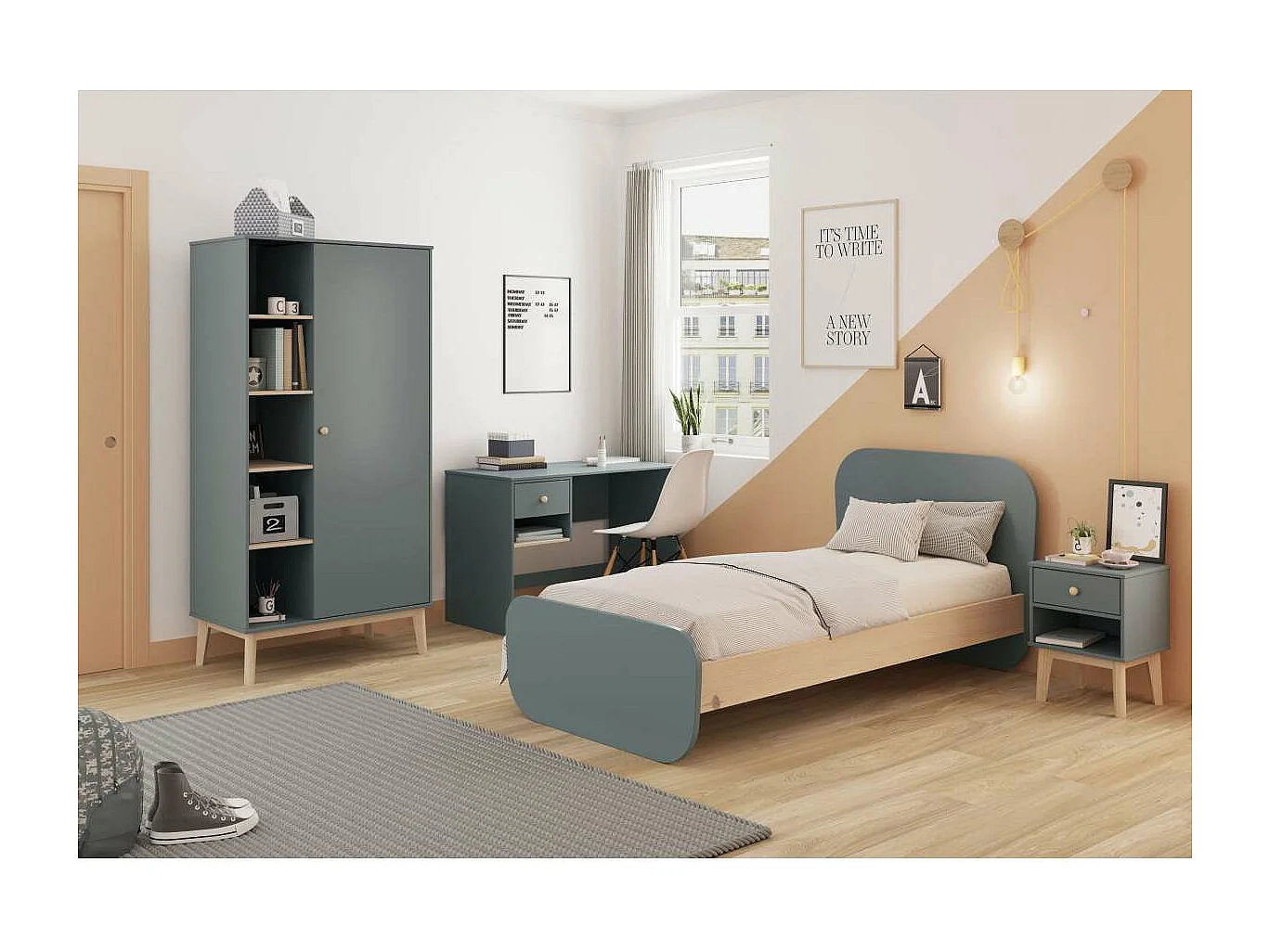 Mesa de estudio modelo Dylan acabado verde kaki/cera blanca, 110cm(ancho) 75cm(altura) 55c