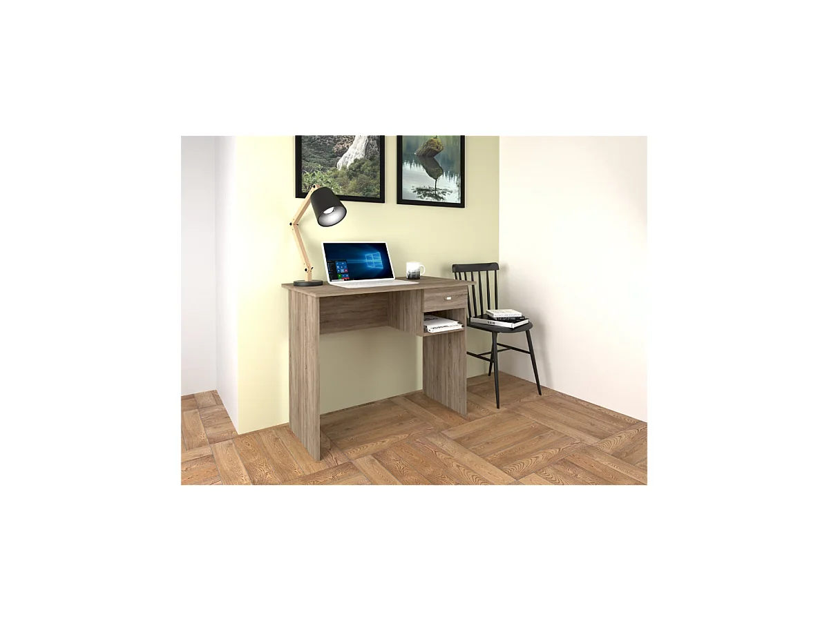 Escritorio Marte en acabado roble con un cajón. 74 cm(alto)90 cm(ancho)50 cm(fondo)