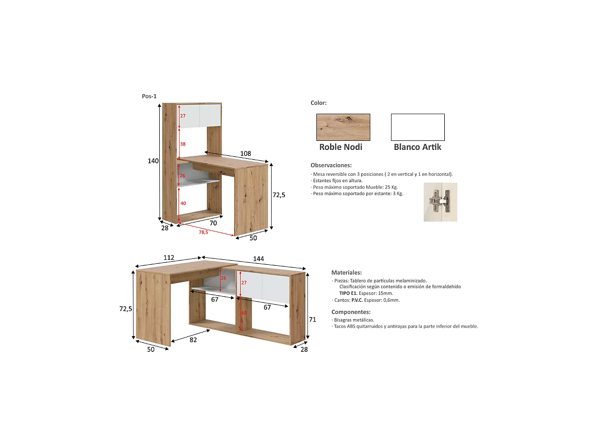 Escritorio con estantería reversible Gema en blanco artik y roble nordi 140 cm (alto) x 1