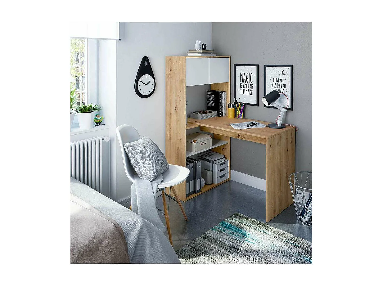 Escritorio con estantería reversible Gema en blanco artik y roble nordi 140 cm (alto) x 1