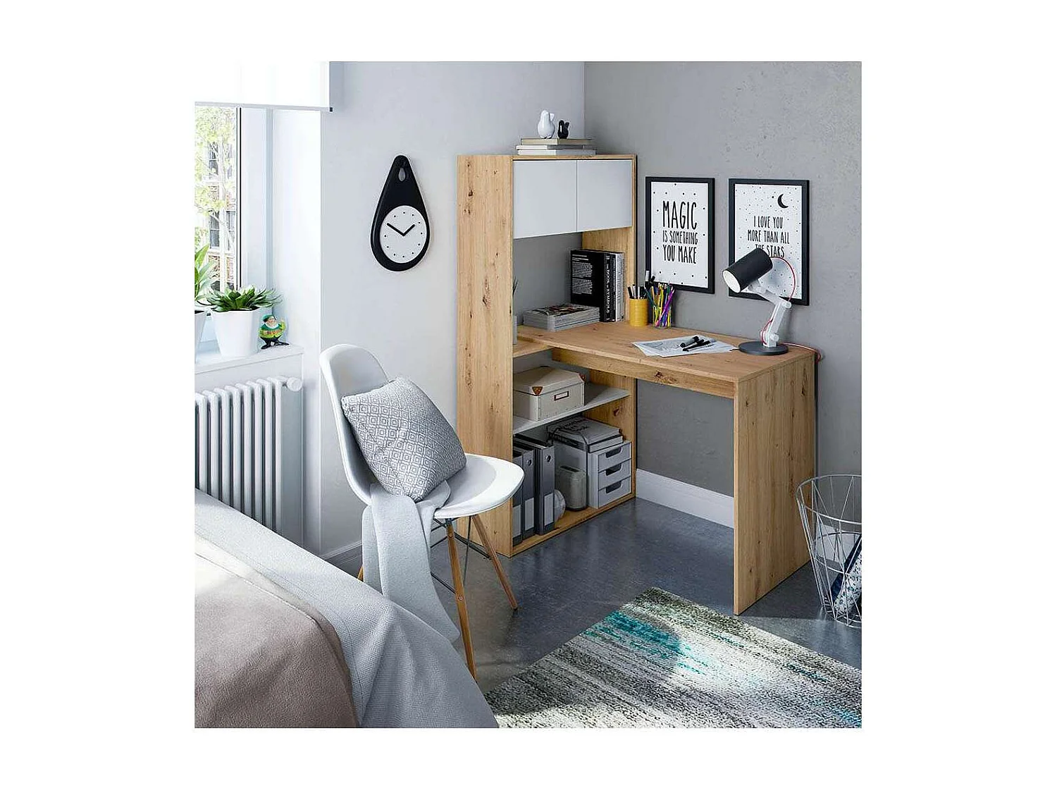 Escritorio con estantería reversible Gema en blanco artik y roble nordi 140 cm (alto) x 1