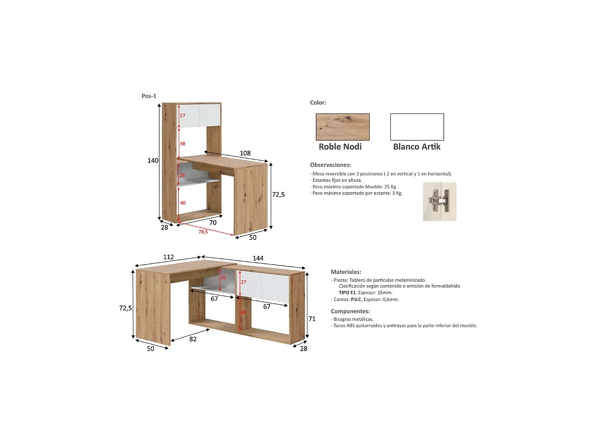 Escritorio con estantería reversible Gema en blanco artik y roble nordi 140 cm (alto) x 1