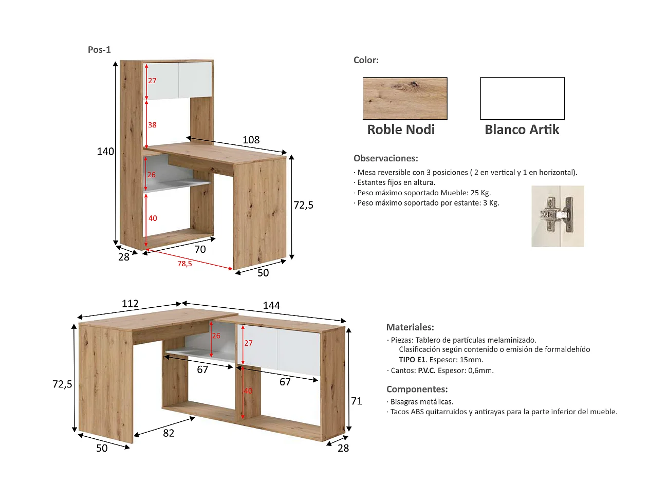 Escritorio con estantería reversible Gema en blanco artik y roble nordi 140 cm (alto) x 1