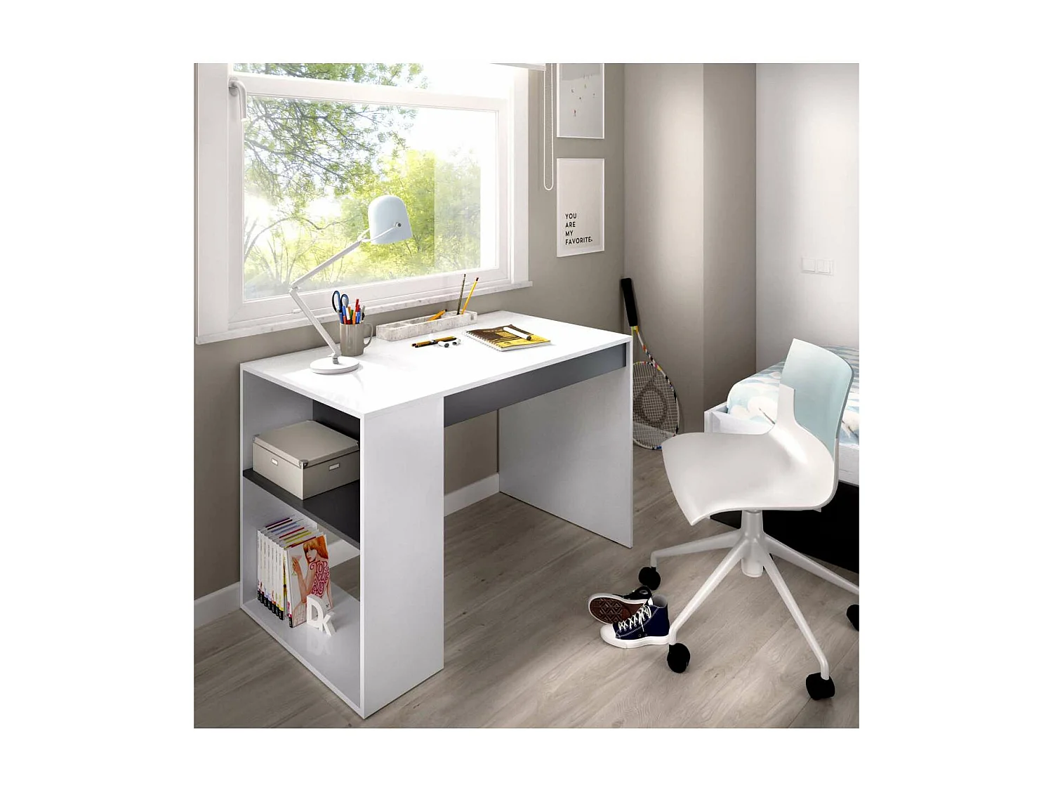 Escritorio Navas con estante y 1 cajon en blanco-grafito 74 cm(alto)115 cm(ancho)50 cm(fon