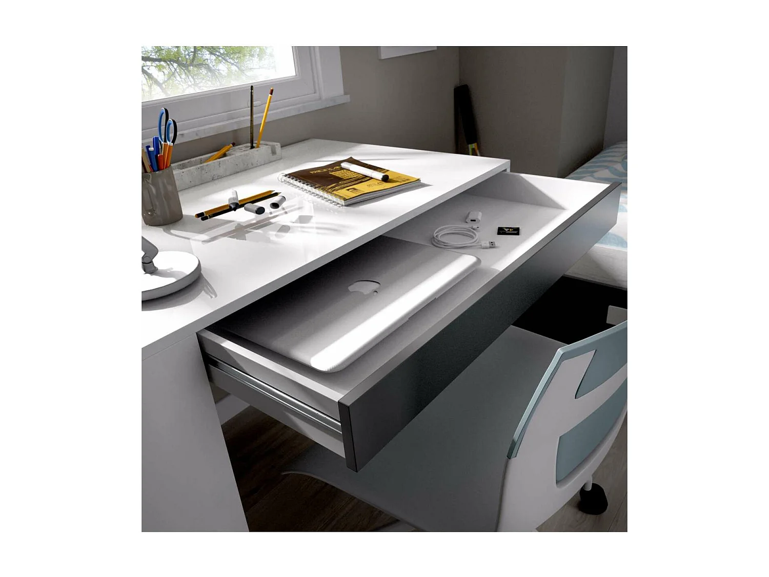 Escritorio Navas con estante y 1 cajon en blanco-grafito 74 cm(alto)115 cm(ancho)50 cm(fon