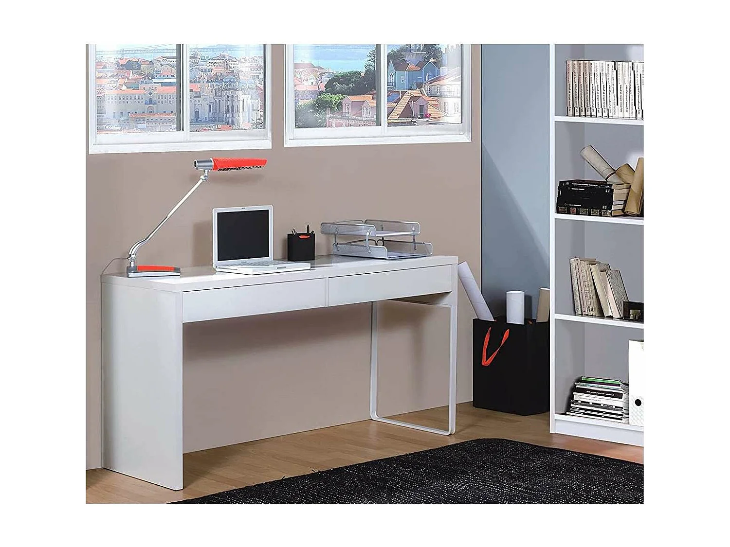 Mesa escritorio reversible 2 cajones Dallas en acabado blanco 138 cm(ancho), 75 cm(alto),