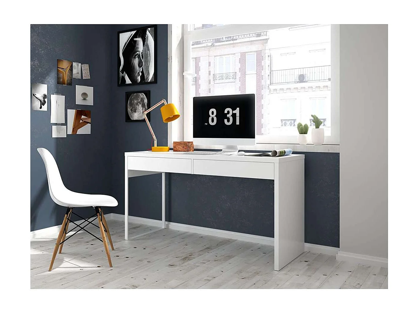 Mesa escritorio reversible 2 cajones Dallas en acabado blanco 138 cm(ancho), 75 cm(alto),