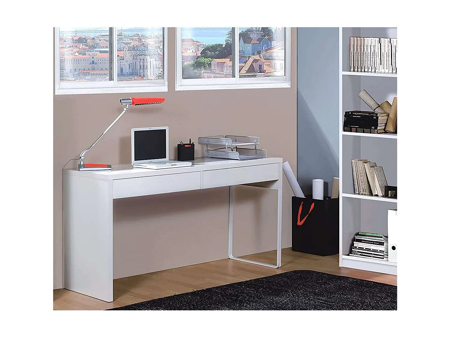 Mesa escritorio reversible 2 cajones Dallas en acabado blanco 138 cm(ancho), 75 cm(alto),