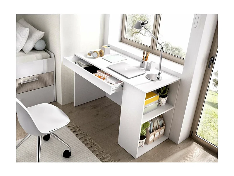 Escritorio Navas con estante y 1 cajon en blanco 74 cm(alto)115 cm(ancho)50 cm(fondo)