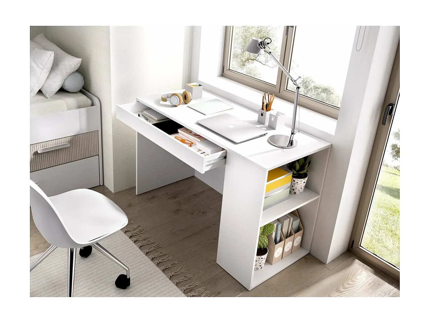 Escritorio Navas con estante y 1 cajon en blanco 74 cm(alto)115 cm(ancho)50 cm(fondo)