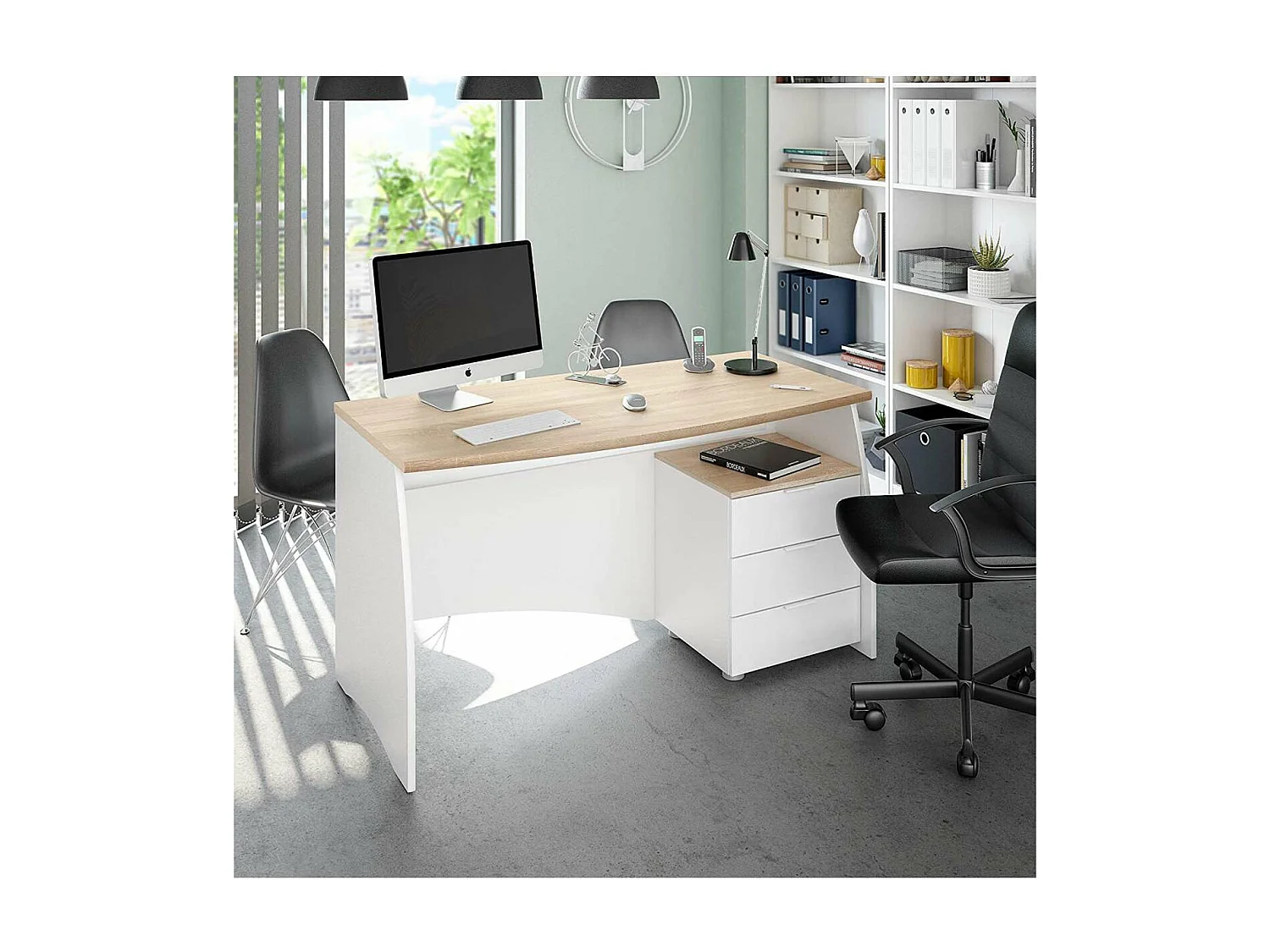 Mesa despacho Zoe con buc tres cajones Blanco Artik combinado Roble canadian 74 cm (alto)