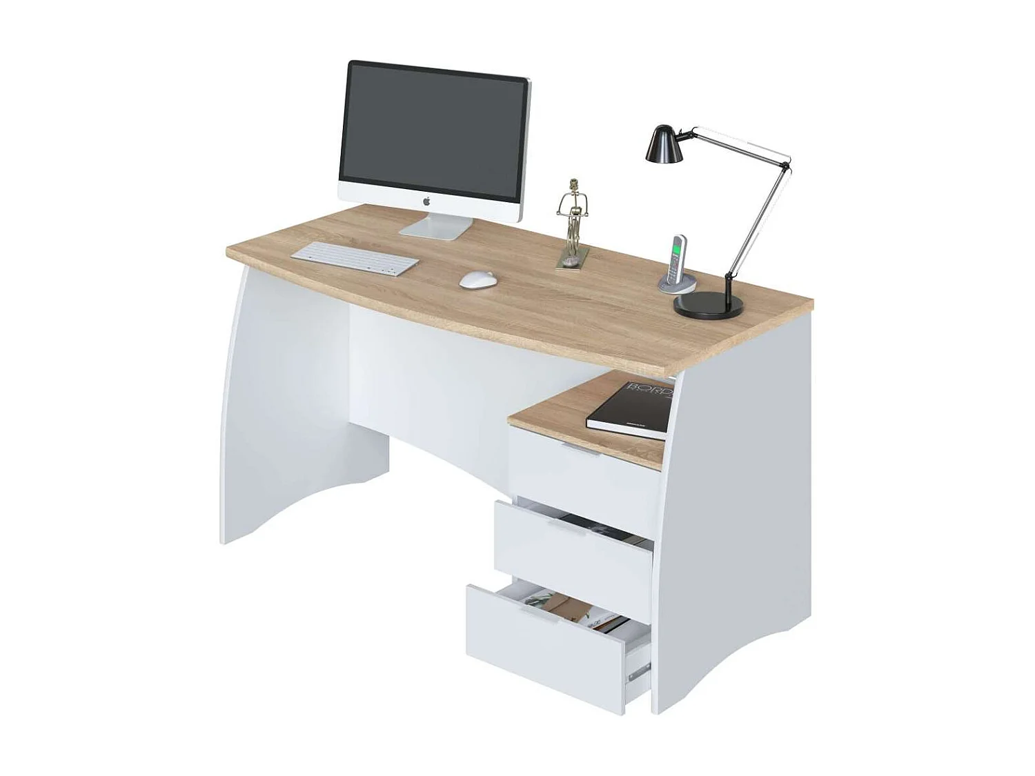 Mesa despacho Zoe con buc tres cajones Blanco Artik combinado Roble canadian 74 cm (alto)