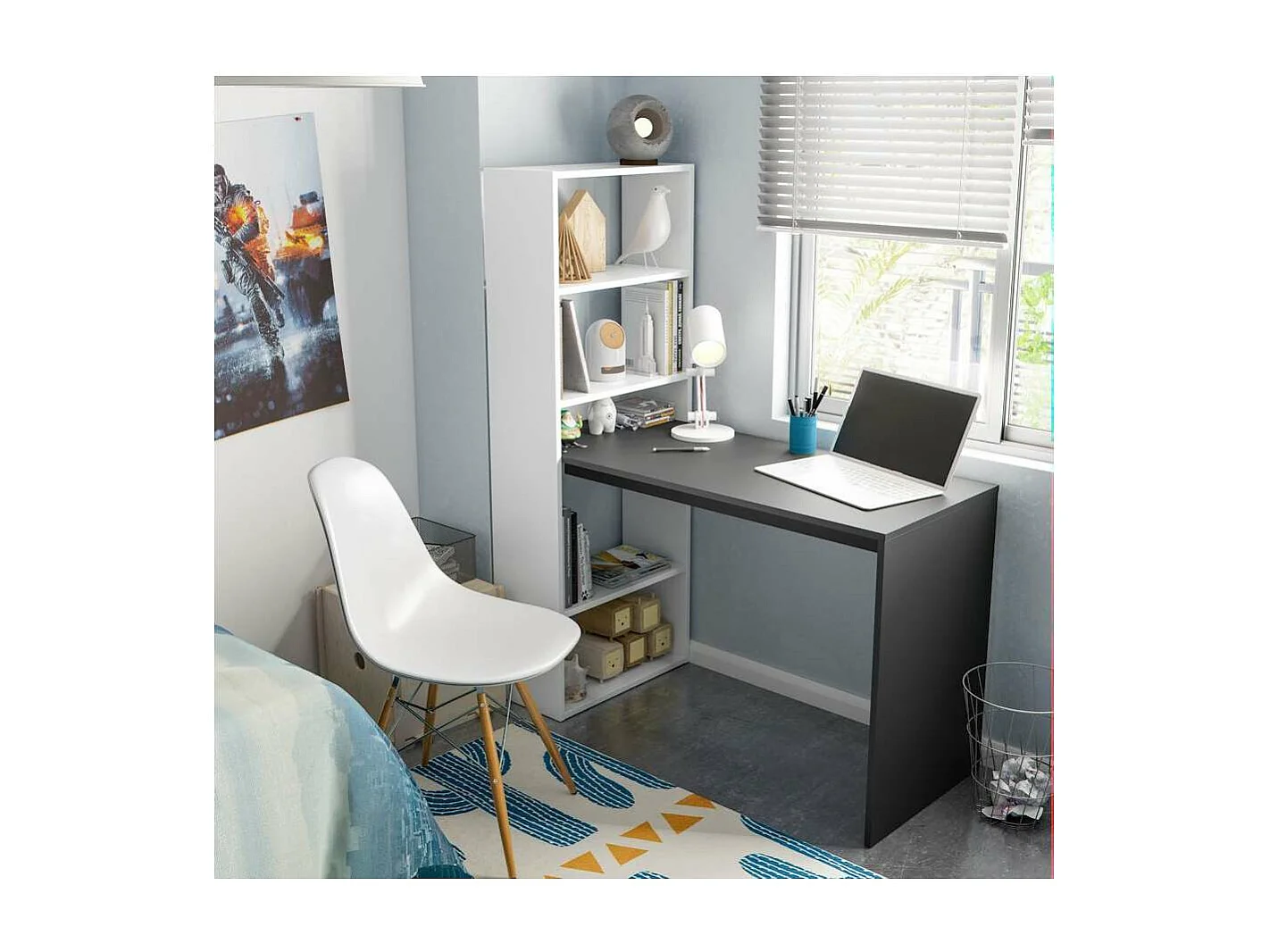 Escritorio reversible con estanteria Boston en blanco artik-gris cemento 144 cm(alto)120 c