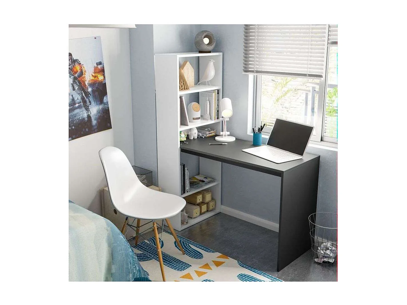 Escritorio reversible con estanteria Boston en blanco artik-gris cemento 144 cm(alto)120 c