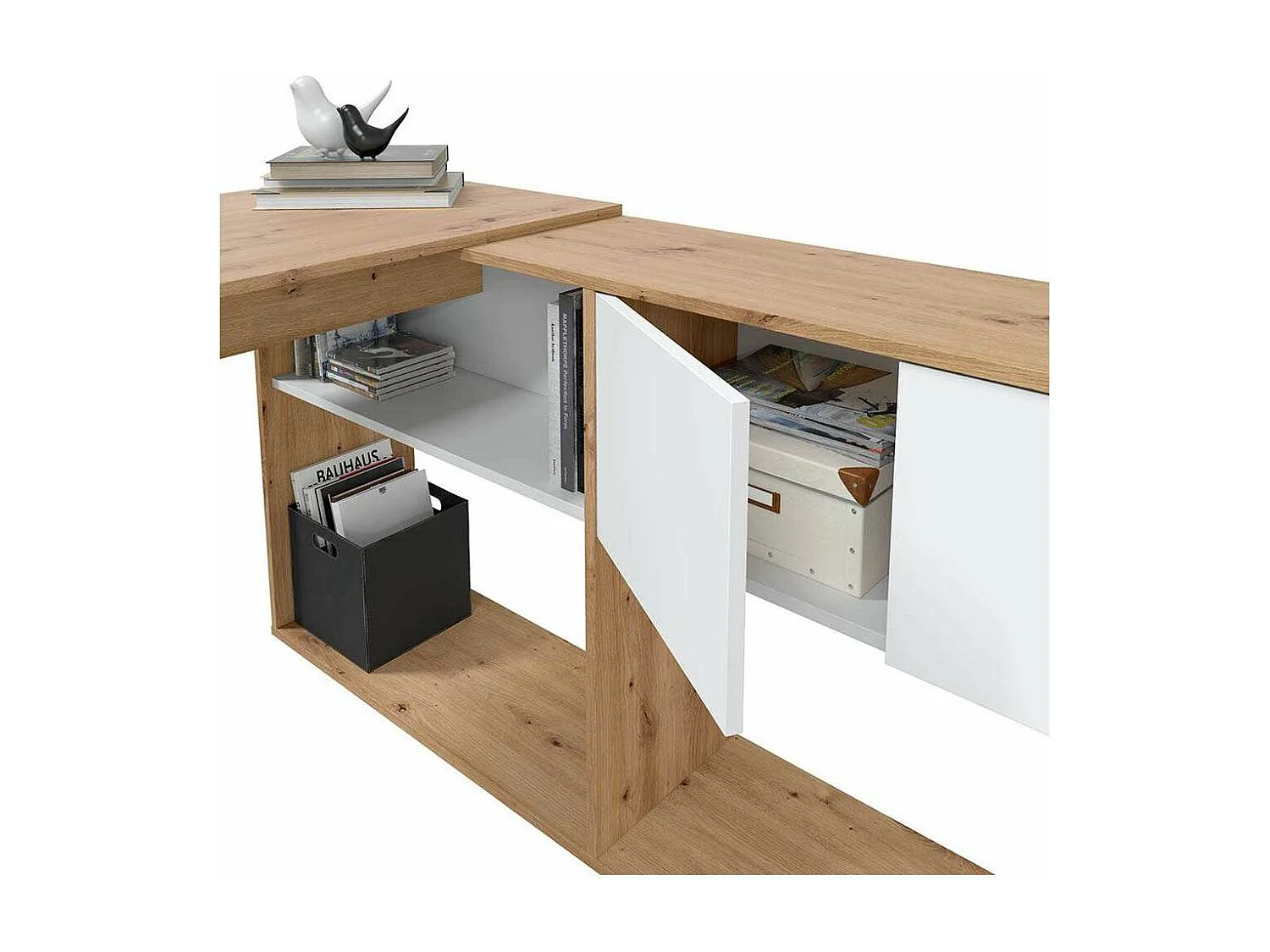 Escritorio con estantería reversible Gema en blanco artik y roble nordi 72,5 cm (alto) x