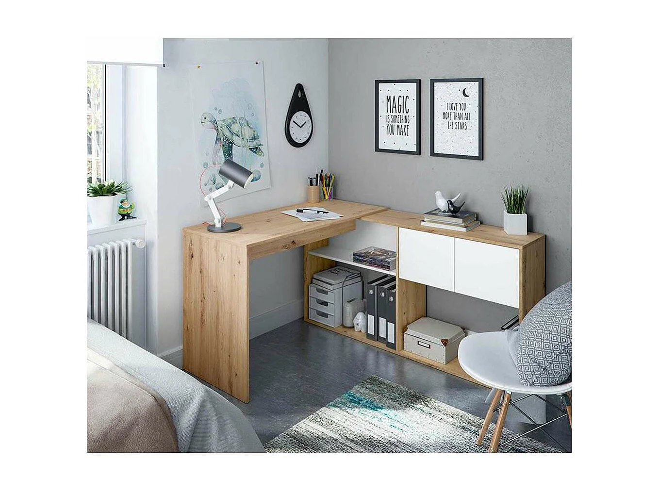 Escritorio con estantería reversible Gema en blanco artik y roble nordi 72,5 cm (alto) x