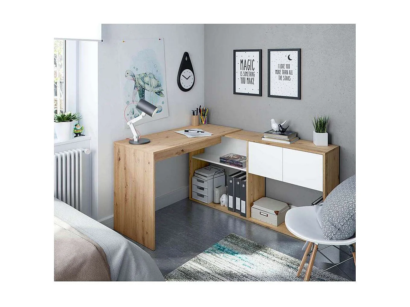 Escritorio con estantería reversible Gema en blanco artik y roble nordi 72,5 cm (alto) x