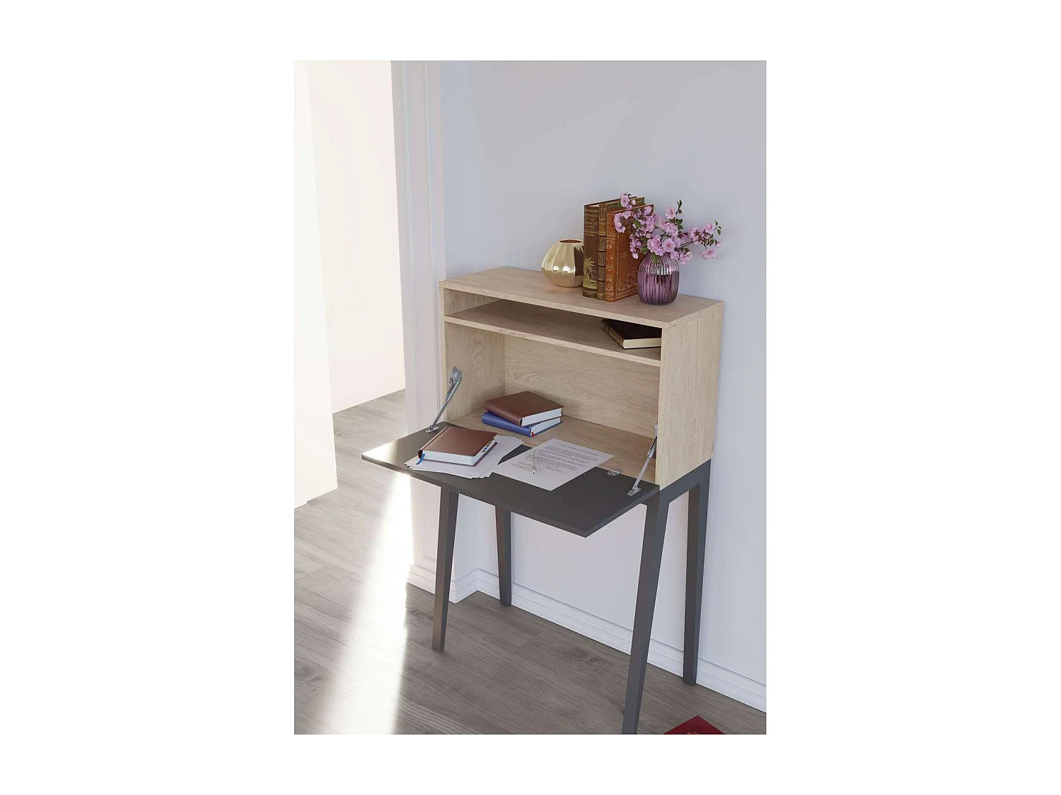 Mesa estudio para colgar Mod-630 acabado roble/grafito, 39 x 75 x 117 cm (fondo x ancho x