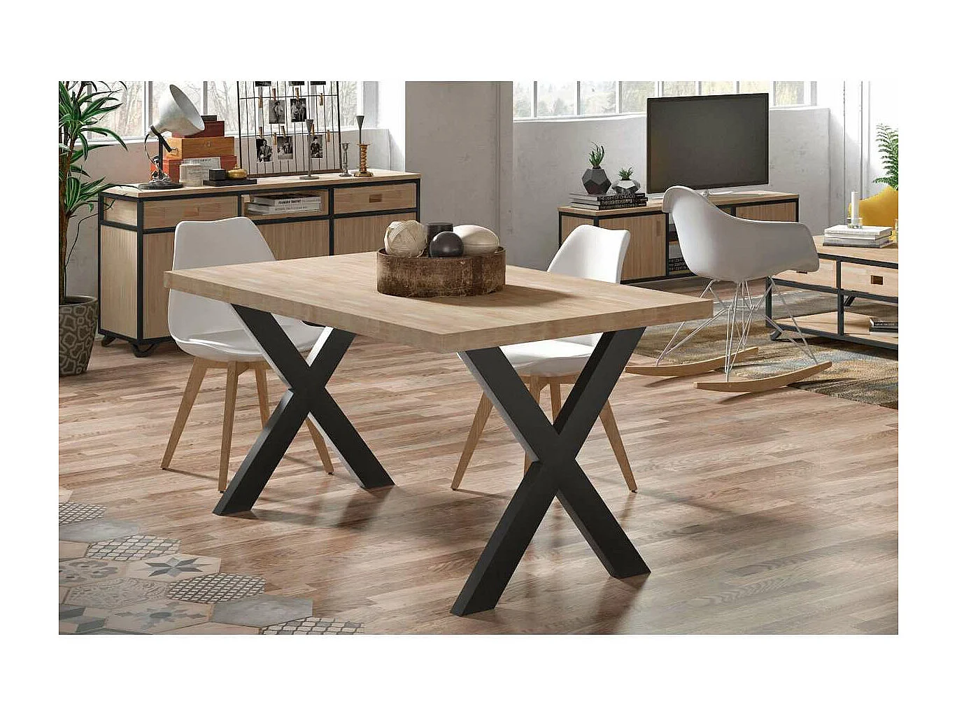 Mesa salon fija X-Loft-160 acabado roble nordish/negro, 76 cm(alto)160 cm(ancho)90 cm(larg