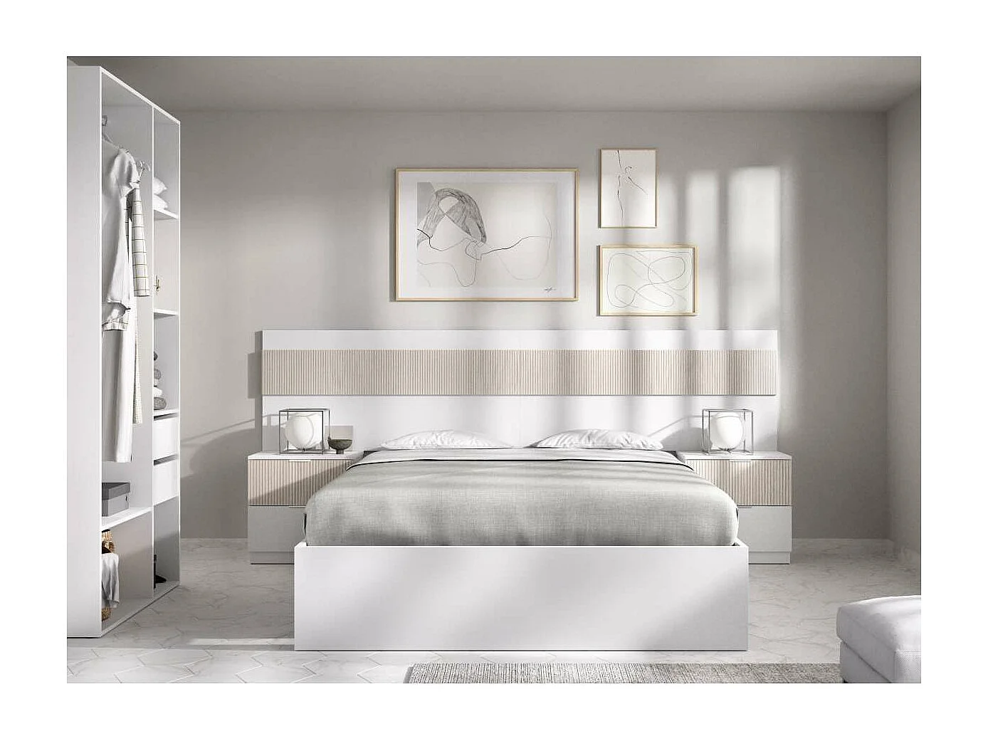 Conjunto cama y dos mesitas Borja acabado blanco/alistonado.