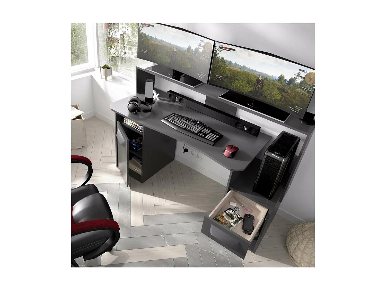 Escritorio gaming Fosk acabado grafito 84/97 cm(alto)153,5 cm(ancho)62/69 cm(fondo)