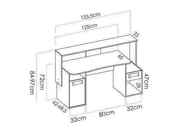 Escritorio gaming Fosk acabado grafito 84/97 cm(alto)153,5 cm(ancho)62/69 cm(fondo)