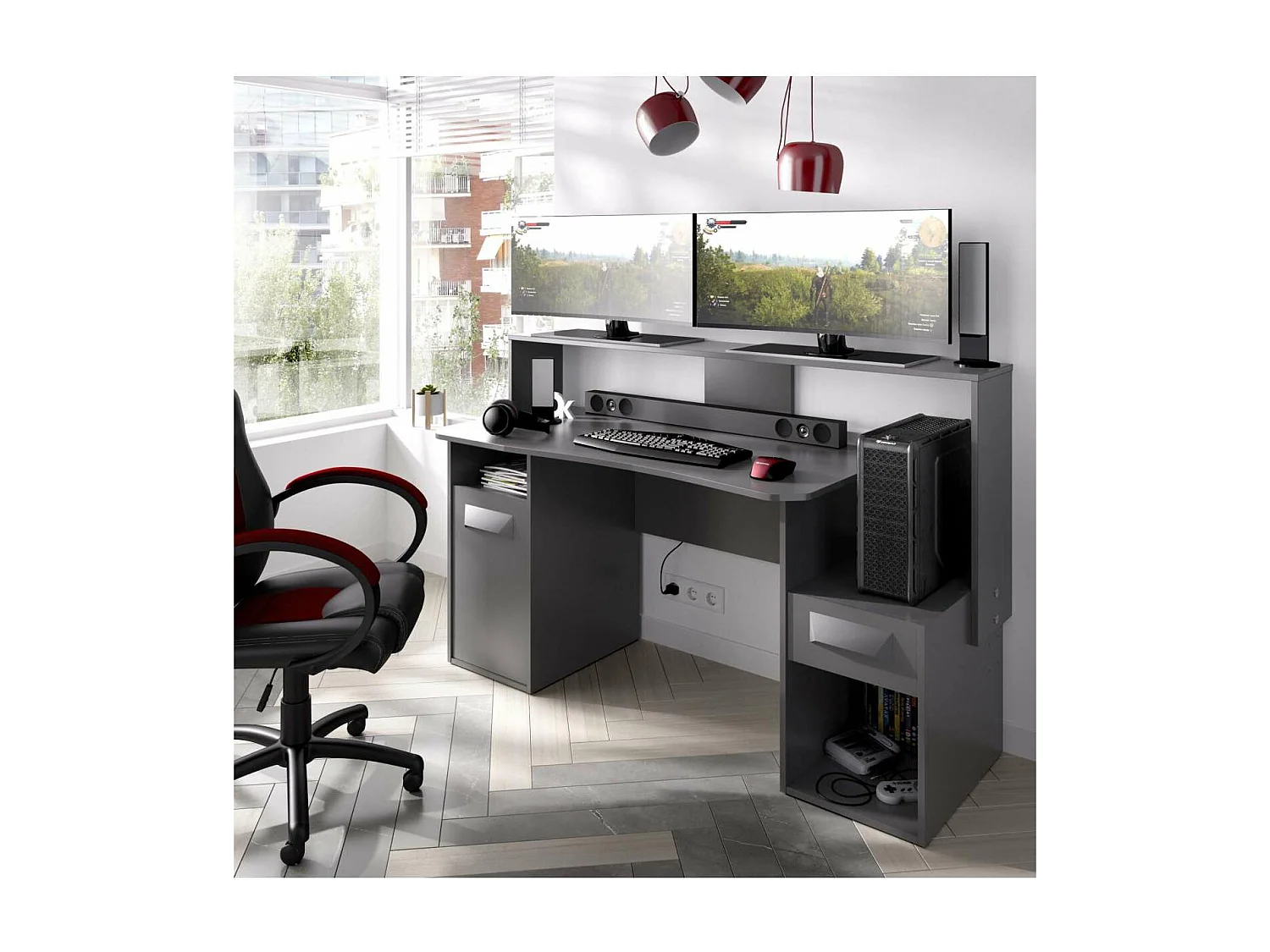 Escritorio gaming Fosk acabado grafito 84/97 cm(alto)153,5 cm(ancho)62/69 cm(fondo)