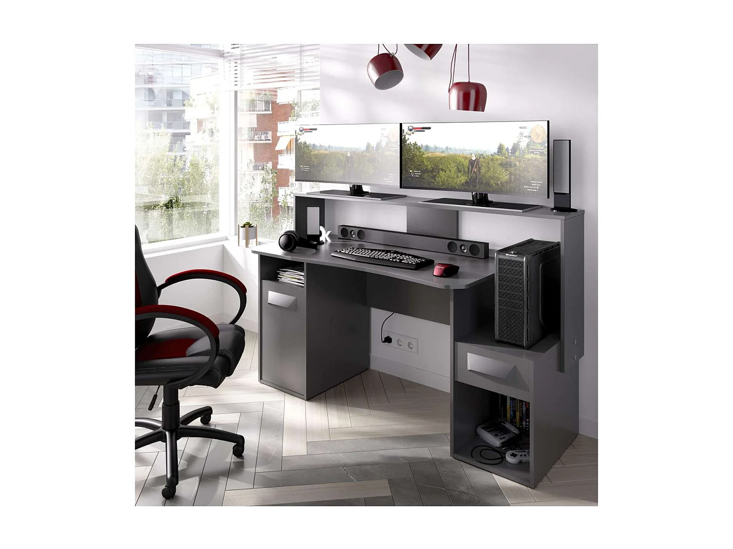 Escritorio gaming Fosk acabado grafito 84/97 cm(alto)153,5 cm(ancho)62/69 cm(fondo)