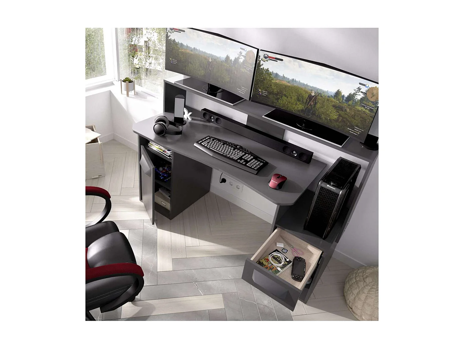 Escritorio gaming Fosk acabado grafito 84/97 cm(alto)153,5 cm(ancho)62/69 cm(fondo)
